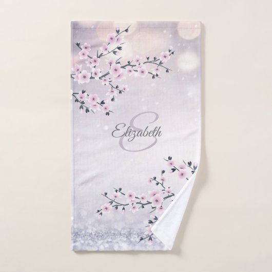 Floral Cherry Blossom Pink Mauve Glitter Monogram Handdoek (Handdoek)
