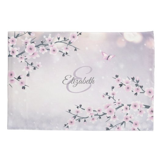 Floral Cherry Blossom Pink Mauve Glitter Monogram Kussensloop (Achterkant)