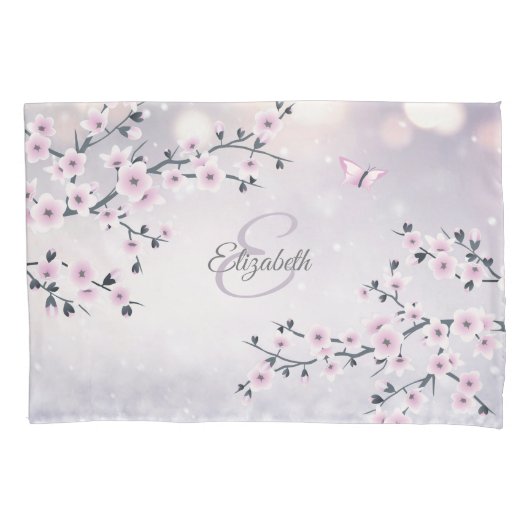 Floral Cherry Blossom Pink Mauve Glitter Monogram Kussensloop (Voorkant)