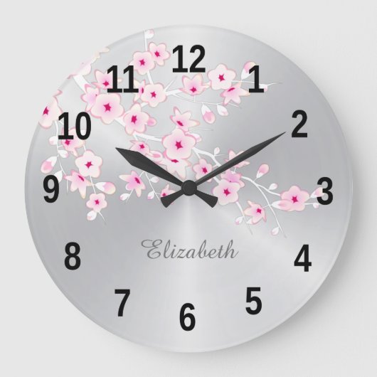Floral Cherry Blossom Pink Silver Girls Grote Klok (Voorkant)