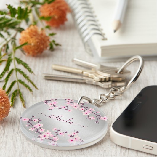 Floral Cherry Blossom Pink Silver Monogram Sleutelhanger (Voorkant Rechts)