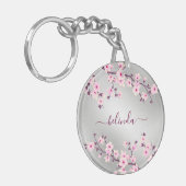 Floral Cherry Blossom Pink Silver Monogram Sleutelhanger (Voorkant Links)