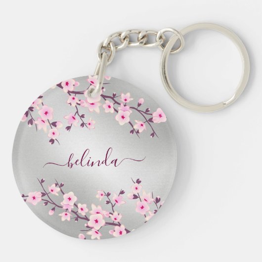 Floral Cherry Blossom Pink Silver Monogram Sleutelhanger (Achterkant)