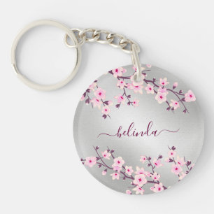 Floral Cherry Blossom Pink Silver Monogram Sleutelhanger
