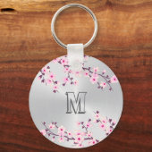 Floral Cherry Blossom Pink Silver Monogram Sleutelhanger (Achterkant)