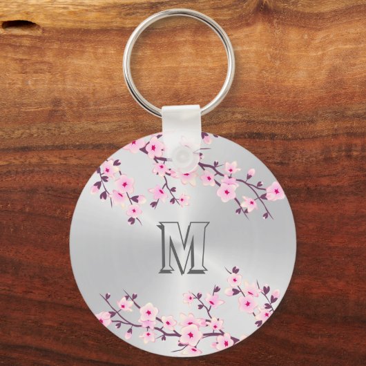 Floral Cherry Blossom Pink Silver Monogram Sleutelhanger (Achterkant)