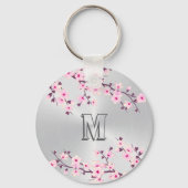 Floral Cherry Blossom Pink Silver Monogram Sleutelhanger (Achterkant)
