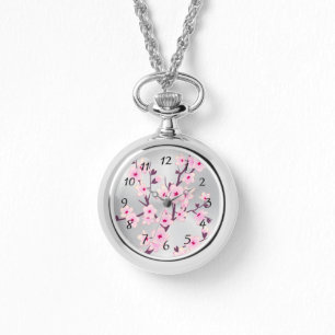 Floral Cherry Blossom Pink Silver Numbers Horloge