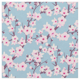 Floral Cherry Blossom Pink Sky Blue Fabric Stof