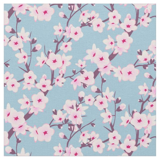 Floral Cherry Blossom Pink Sky Blue Fabric Stof (Close Up)