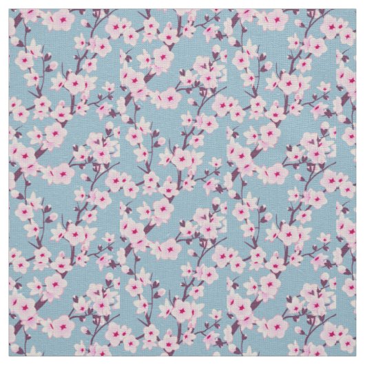 Floral Cherry Blossom Pink Sky Blue Stof (Swatch)