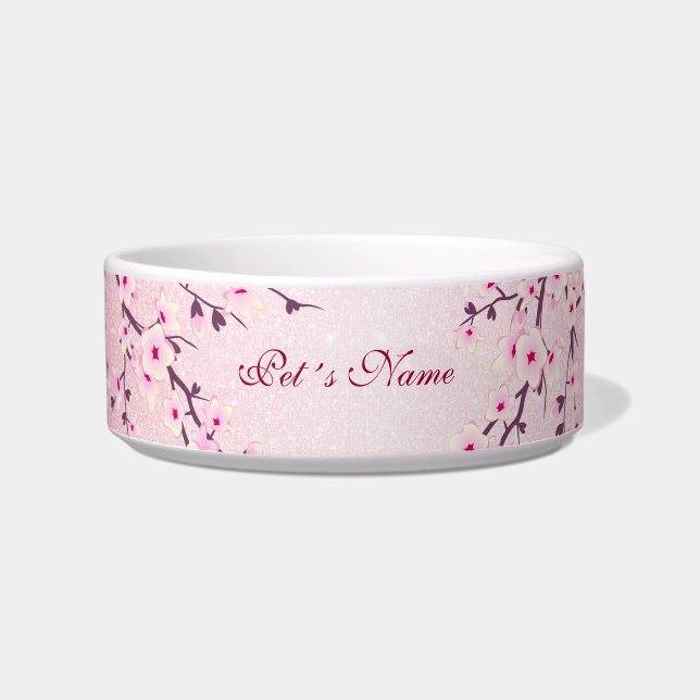 Floral Cherry Blossom Pink Sparkle Voeg naam toe Voerbakje (Voorkant)