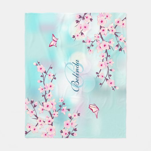 Floral Cherry Blossom Pink Turquoise Monogram Fleece Deken (Voorkant)