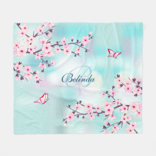 Floral Cherry Blossom Pink Turquoise Monogram Fleece Deken
