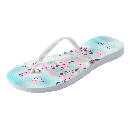 Floral Cherry Blossom Pink Turquoise Monogram Teenslippers (Schuin)