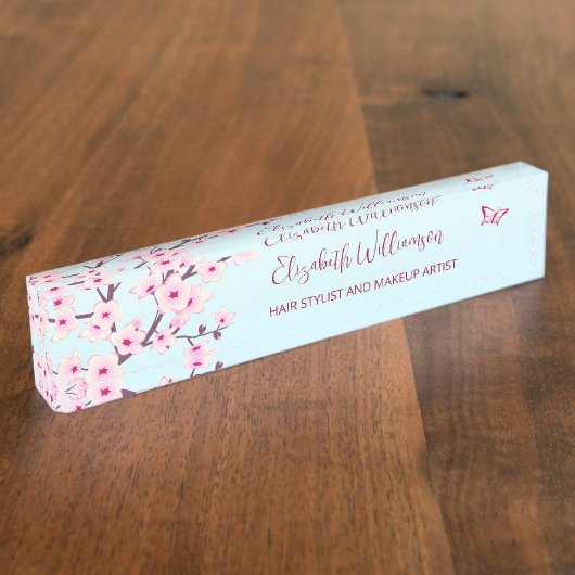 Floral Cherry Blossom Pink Turquoise  Naambordje (Zijkant)