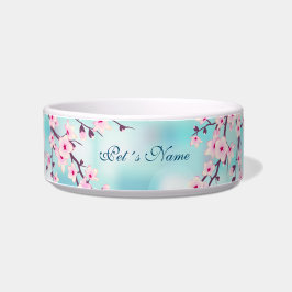 Floral Cherry Blossom Pink Turquoise Pet's Name Voerbakje