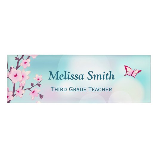 Floral Cherry Blossom Pink Turquoise Teacher Naambadge (Voorkant)