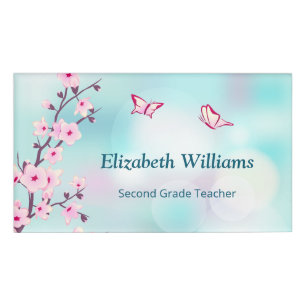 Floral Cherry Blossom Pink Turquoise Teacher Name Naambadge