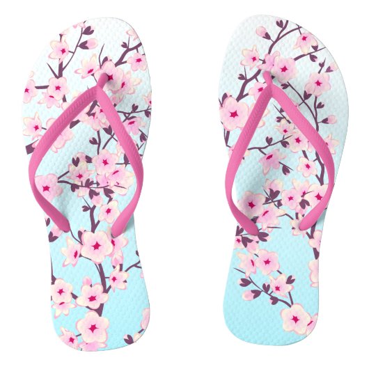 Floral Cherry Blossom Pink Turquoise Teenslippers (Voetbed)