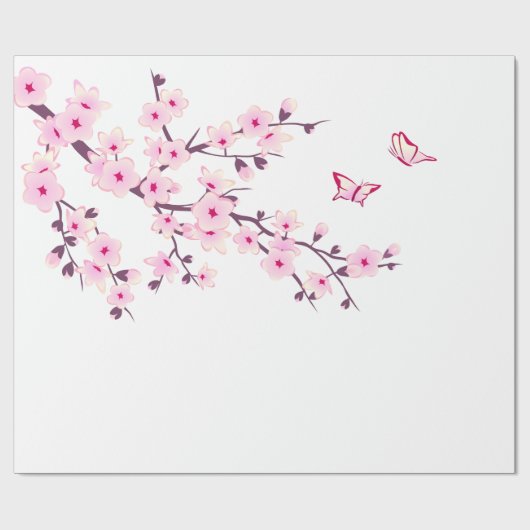 Floral Cherry Blossom Pink White Cadeaupapier (Vlak)