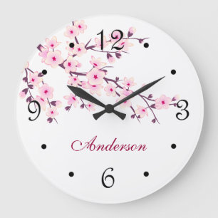 Floral Cherry Blossom Pink White Familienaam Grote Klok