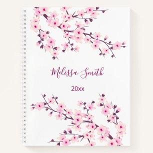 Floral Cherry Blossom Pink White Jouw naam Notitieboek
