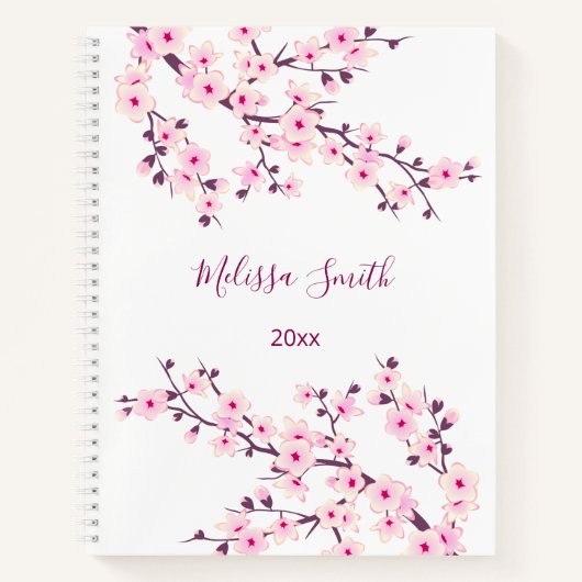 Floral Cherry Blossom Pink White Jouw naam Notitieboek (Voorkant)