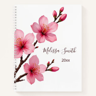 Floral Cherry Blossom Pink White Jouw naam Notitieboek