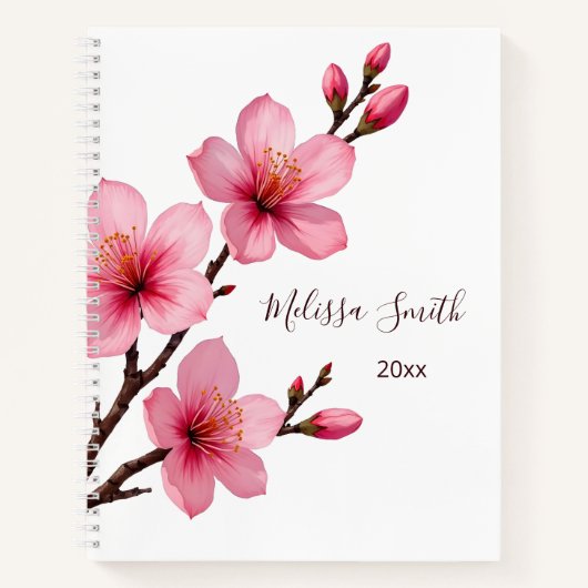 Floral Cherry Blossom Pink White Jouw naam Notitieboek (Voorkant)