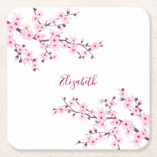 Floral Cherry Blossom Pink White Monogram Kartonnen Onderzetters