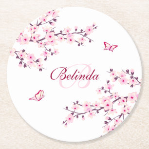 Floral Cherry Blossom Pink White Monogram Name Ba Ronde Kartonnen Onderzetter