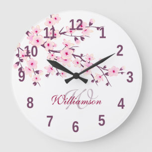 Floral Cherry Blossom Pink White Monogram Name Grote Klok