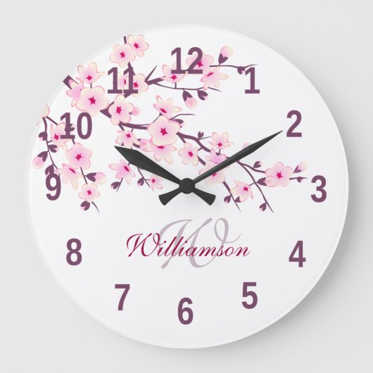Floral Cherry Blossom Pink White Monogram Name Grote Klok (Voorkant)