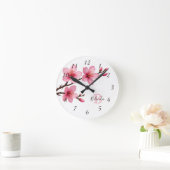 Floral Cherry Blossom Pink White Monogram Name Ronde Klok (Huis)