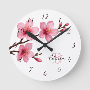 Floral Cherry Blossom Pink White Monogram Name Ronde Klok