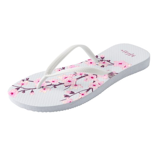 Floral Cherry Blossom Pink White Monogram Teenslippers (Schuin)