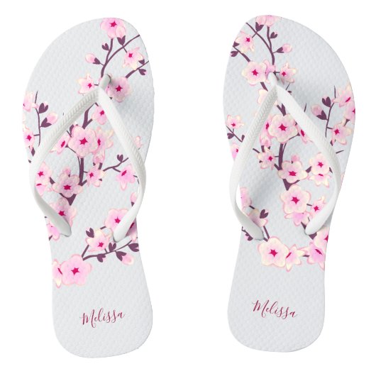 Floral Cherry Blossom Pink White Monogram Teenslippers (Voetbed)