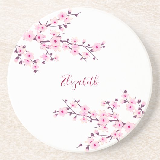 Floral Cherry Blossom Pink White Monogram Zandsteen Onderzetter (Voorkant)