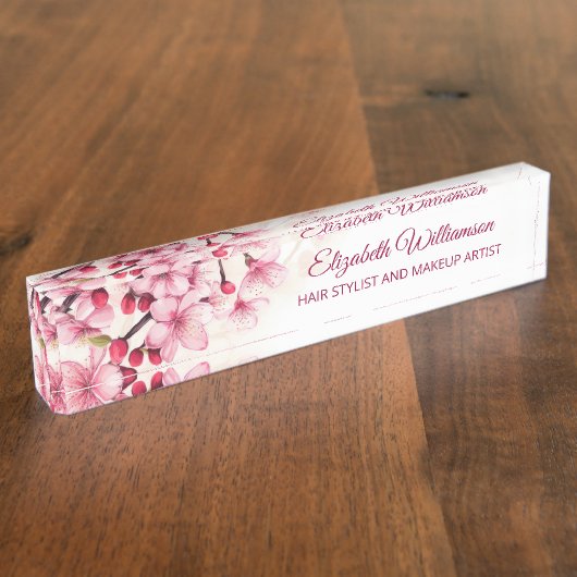 Floral Cherry Blossom Pink White Naambordje (Zijkant)