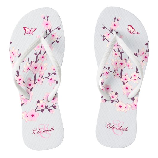 Floral Cherry Blossom Pink White Name Monogram Teenslippers (Voetbed)