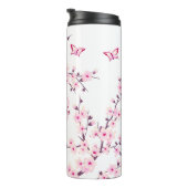 Floral Cherry Blossom Pink White Name Monogram Thermosbeker (Geroteerd rechts)