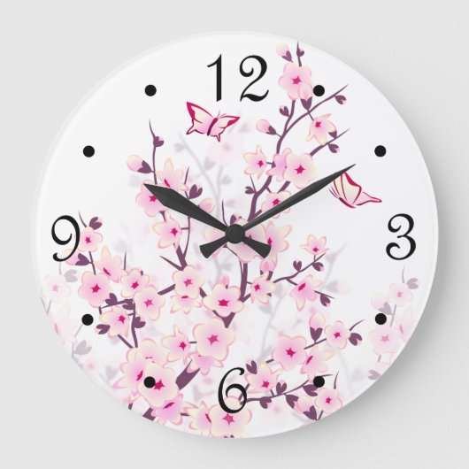 Floral Cherry Blossom Pink White Numbers Grote Klok (Voorkant)