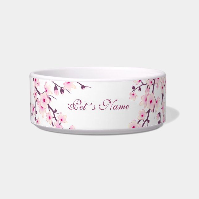Floral Cherry Blossom Pink White Pet Name Bowl Voerbakje (Voorkant)