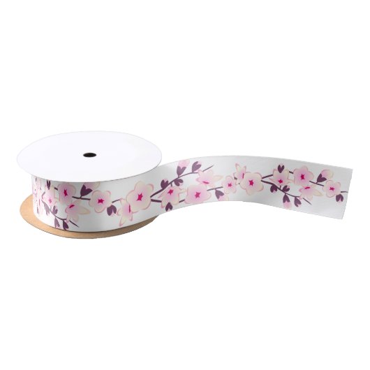 Floral Cherry Blossom Pink White Ribbon Satijnen Lint (Spoel)