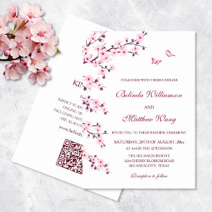 Floral Cherry Blossom Pink White Wedding Kaart