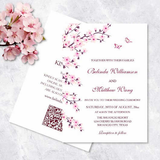 Floral Cherry Blossom Pink White Wedding Kaart