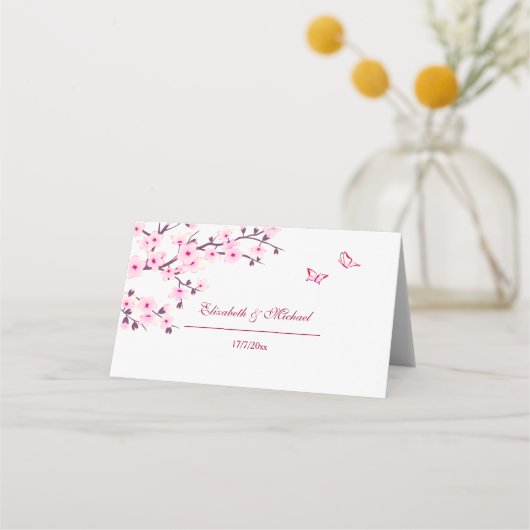 Floral Cherry Blossom Pink White Wedding Plaatskaartje (Achterkant)