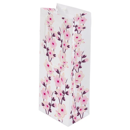 Floral Cherry Blossom Pink White Wijn Cadeautas (Voorkant Gekanteld)