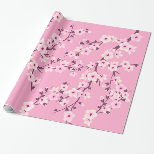 Floral Cherry Blossom Pink Wrapping Paper Cadeaupapier (Uitgerold)